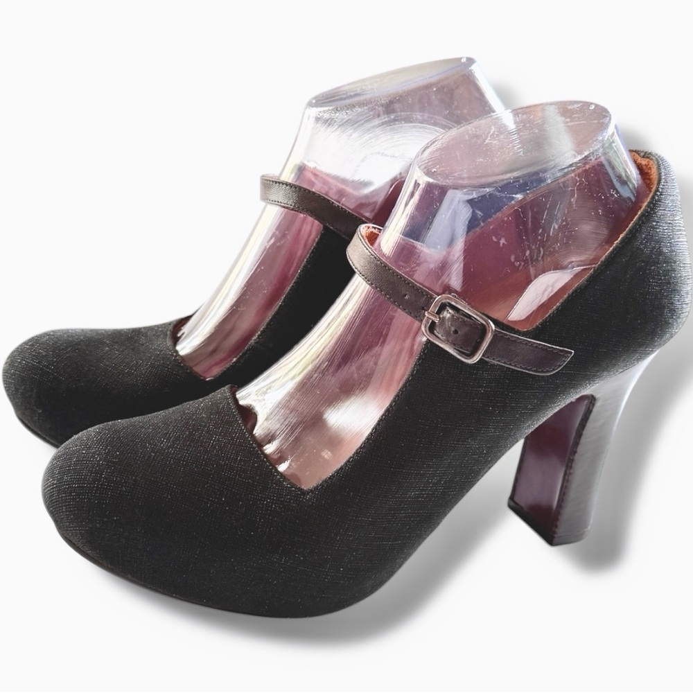 Chie Mihara Metallic Tweed Pinup Shoes Square Vamp Block Heel Size 39.5 US 9.5 - Picture 6 of 13
